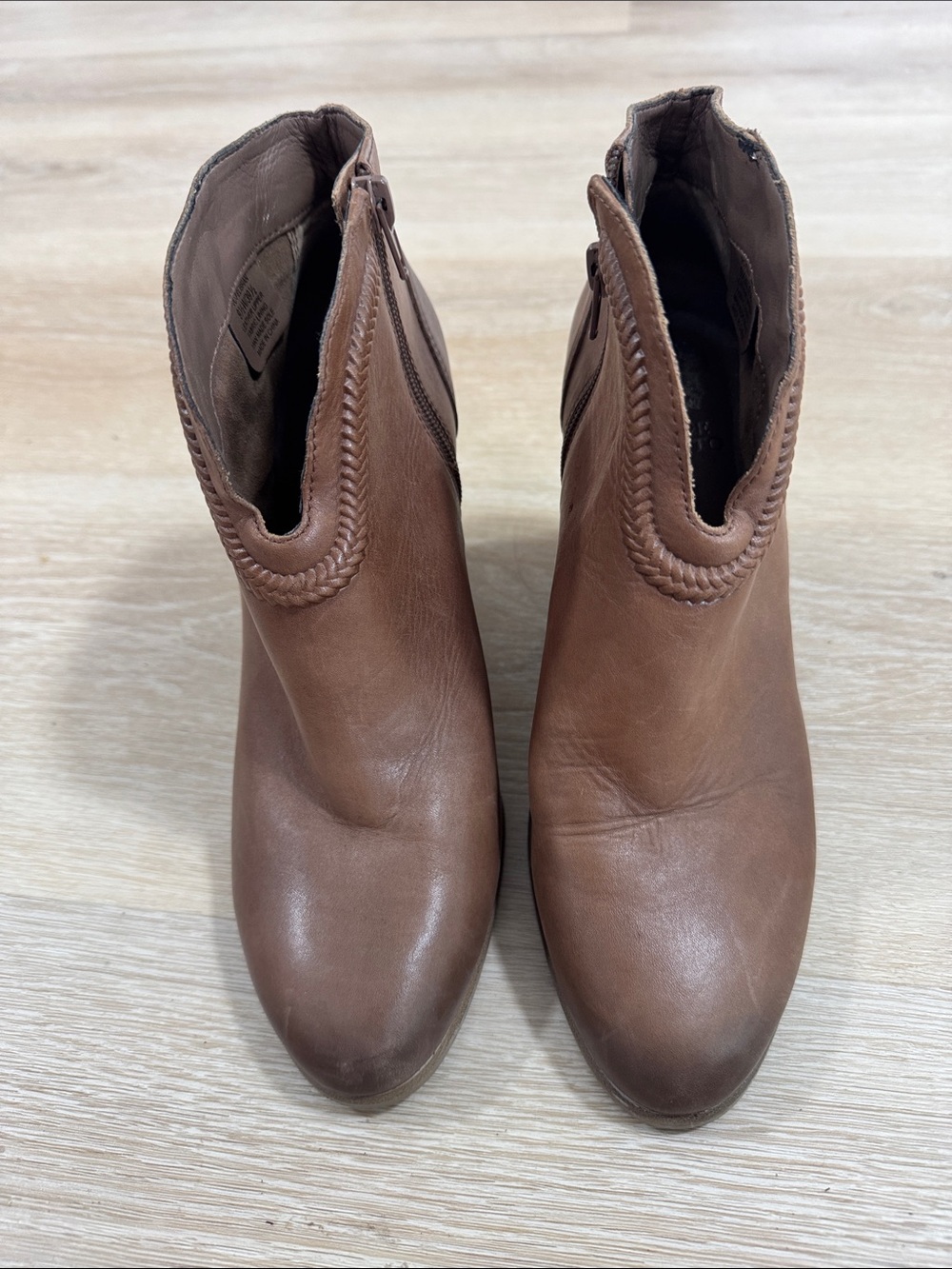 Vince Camuto Chestnut Brown Leather Ankle Booties with Braid Trim